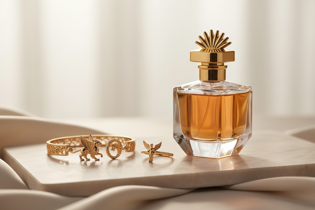 Bijoux en acier inoxydable 316L posés à côté d'un flacon de parfum – conseils entretien Chic & Perles