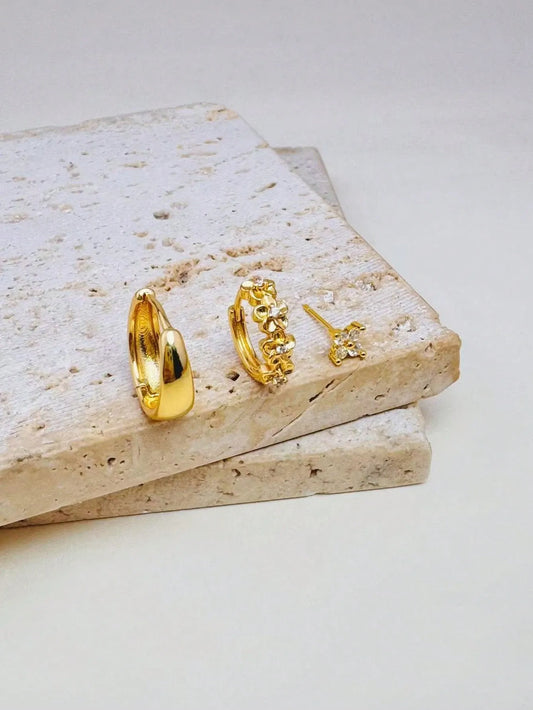 Boucles d’Oreilles Kaalys – Set 3 Pièces Fleurs CZ Plaqué Or 14K | CHIC & PERLES