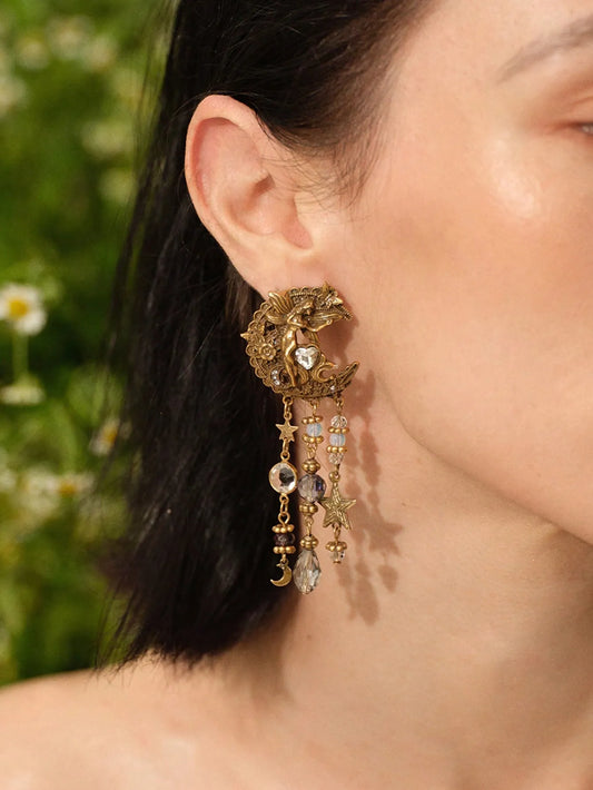 Boucles d'Oreilles Aliette – Pendantes Lune Ange Doré Femme | CHIC & PERLES